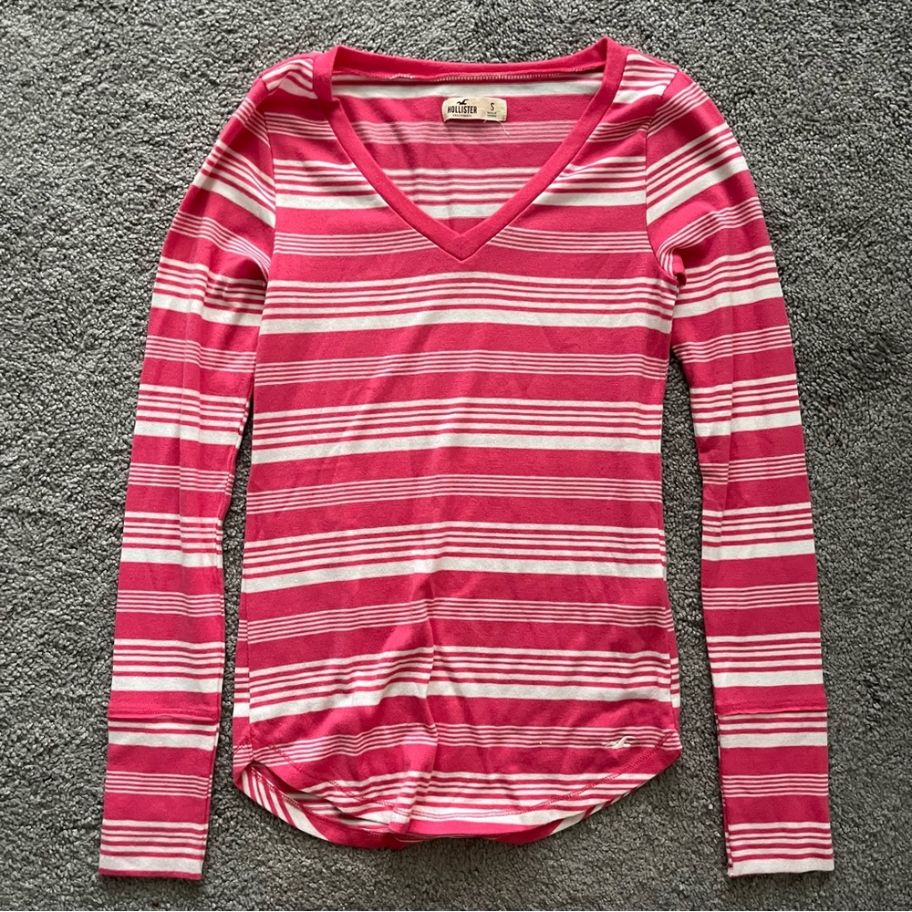 Hollister Pink & White Stripe Long Sleeve Tee